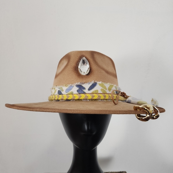 Light Tan Faux Suede Sun Hat with Crystal Gem and Fabric Band - Picture 2 of 10